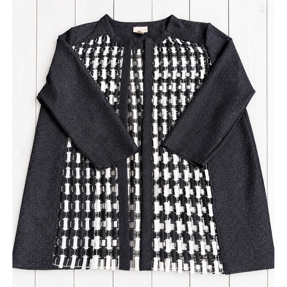 Chico's Jacket Open Front Textured Geometric B&W Cut Out Career Chic Size 3